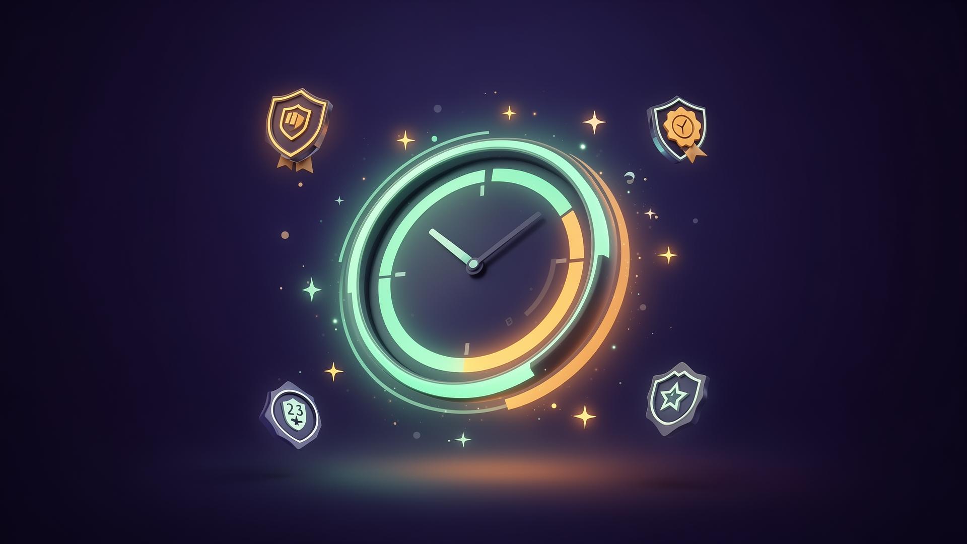 Panel gamificado de TimeHero con insignias flotantes